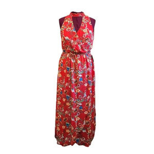 NEW Red Floral Sheer Choker Neck Braided Belt Tassels Faux Wrap Maxi Dress Sz XL